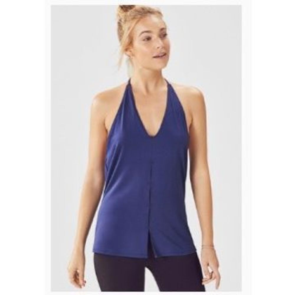 Fabletics Chiara Tank Blue Halter Neck Peekaboo Detail in Front Back Cowl Size M